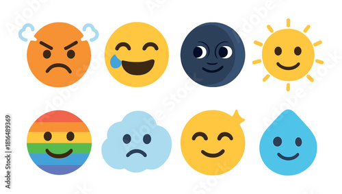 Set of eight expressive emoji representing various emotions and weather symbols with glowing effects