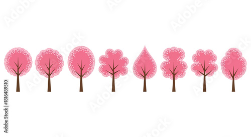 Vibrant collection of stylized pink blossom trees, featuring eight distinct canopy designs, ideal for spring graphics, nature illustrations, and decorative vector elements