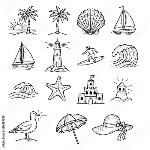 Summer beach vacation sketch icons hand-drawn vector set for travel and holiday designs isolated on 