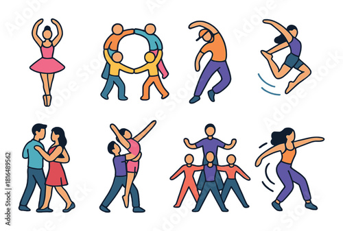 Colorful dance icons illustrating ballet, modern, and group dance styles