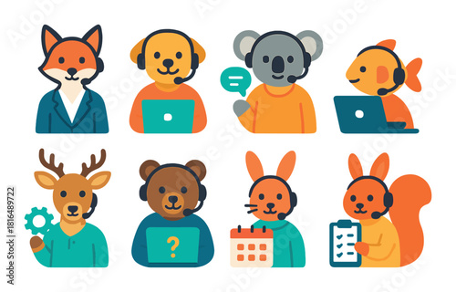 Animal characters in headsets engaged in customer service and tech support roles