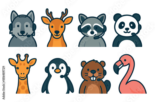 Cute animal avatars with headsets including deer, raccoon, giraffe, and flamingo