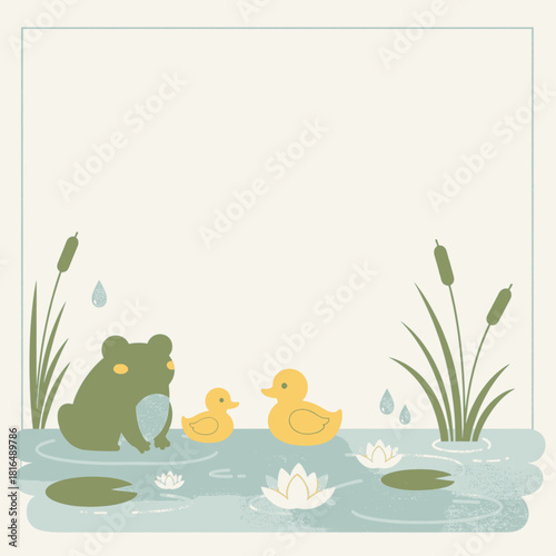 A cute illustration of a green frog and two yellow ducklings in a pond with lily pads, water lilies, and cattails, in a soft, pastel color palette.