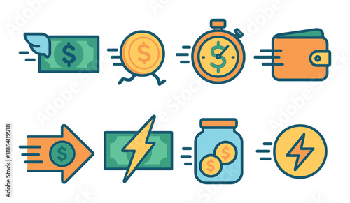 Vector set of financial icons illustrating money, transactions, and time management