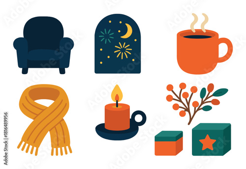 Cozy winter elements featuring candle, scarf, hot drink, and festive decor