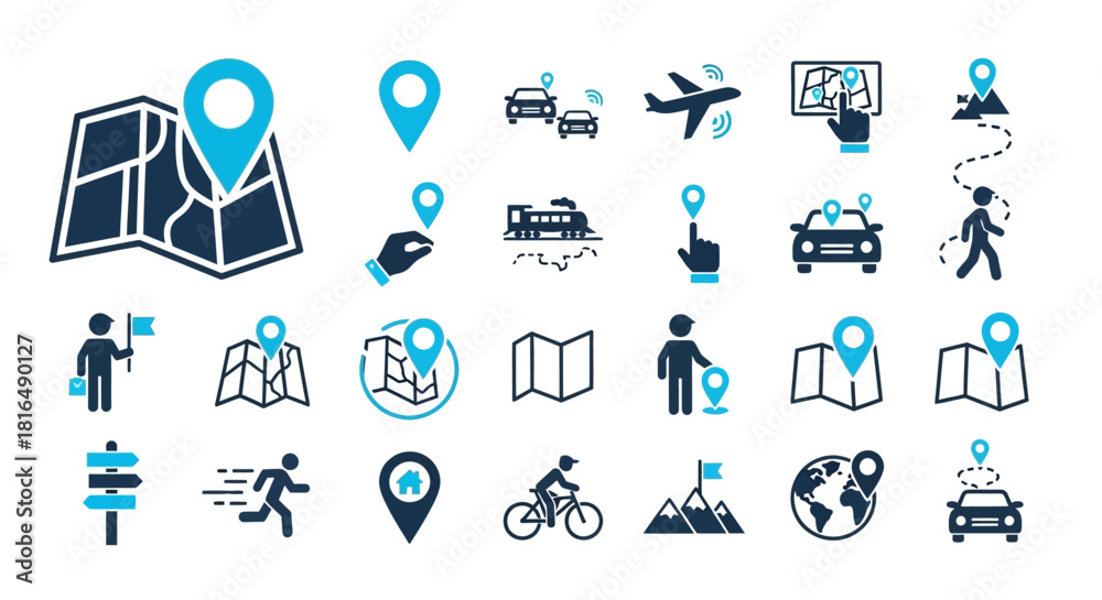 Fototapeta premium Comprehensive vector icon set for modern navigation, travel planning, and location tracking, illustrating transport modes, maps, and wayfinding
