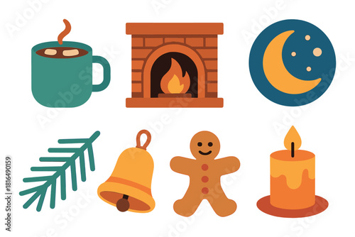 Cozy winter symbols: hot cocoa, fireplace, moon, pine, bell, gingerbread, candle