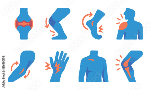 Human body joint pain icons illustration in blue and orange light effects
