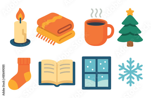 Cozy winter icons featuring candle, blanket, mug, holiday tree, sock, open book, window, and snowflake