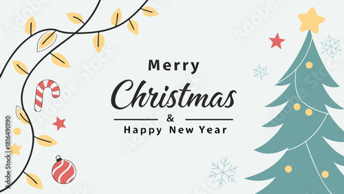 A festive Merry Christmas and Happy New Year background for Greeting cards with tree Branches Christmas tree gold paper. Merry Christmas vector text Calligraphic Lettering Vector illustration.