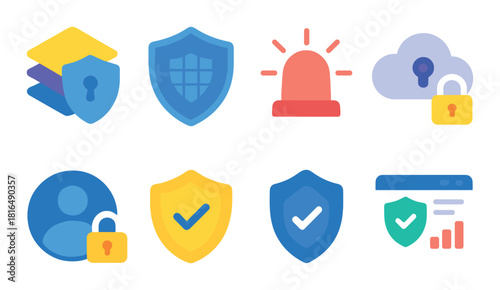 Colorful security icons with shields and locks on dark background