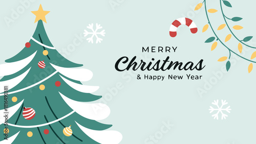 A festive Merry Christmas and Happy New Year background for Greeting cards with tree Branches Christmas tree gold paper. Merry Christmas vector text Calligraphic Lettering Vector illustration.