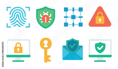 Colorful digital security icons featuring locks and shields