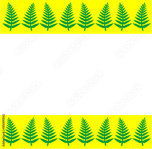 Bright green fern silhouettes line vivid yellow top and bottom borders, creating a lively, tropical-themed frame surrounding a clean open white center.