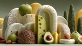 A still life composition featuring various types of cheese, green apples, avocado, almonds, and figs, arranged in a visually appealing manner against a muted gr