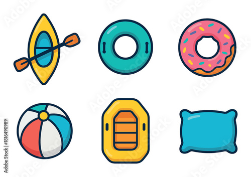 Colorful inflatable water toys set: kayak, tube, donut, beach ball, raft, pillow