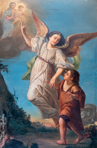 Vászonkép Painting (19th century) of guardian angel protecting a child.