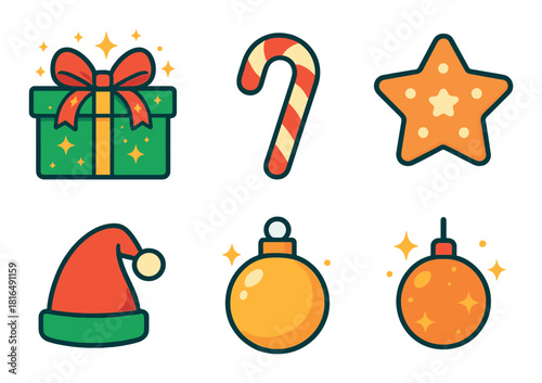 Colorful christmas icons with gift, candy cane, star, hat, and ornaments