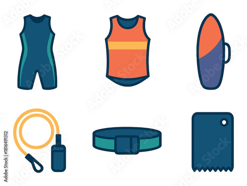 Colorful surfing gear icons: wetsuit, life vest, surfboard, flashlight, belt, towel