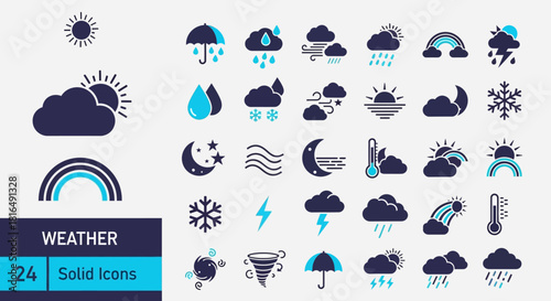 Collection of Weather Icons in Flat Design Sun, Clouds, Rain, and More for Digital Use