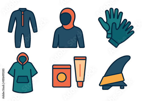 Essential surfing gear icons featuring wetsuit, gloves, and sunscreen