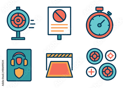 Set of stylized shooting range icons with targets and gear