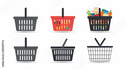 Various shopping baskets with different designs and contents on a white background from a straightforward viewpoint