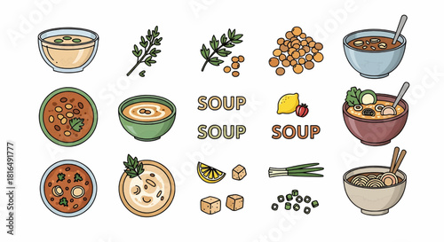 Various delicious soup bowls with ingredients, healthy eating, and culinary delights in a set