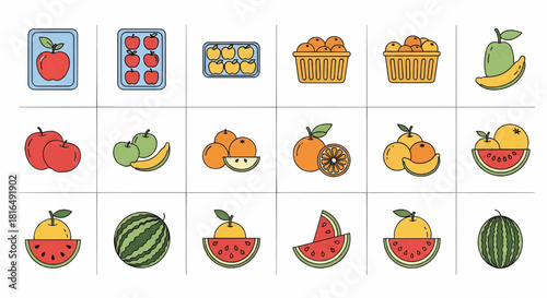 Vibrant Vector Icon Set of Fresh Fruits Apples, Oranges, Bananas, and Watermelons, Ideal for Healthy Eating and Grocery Designs