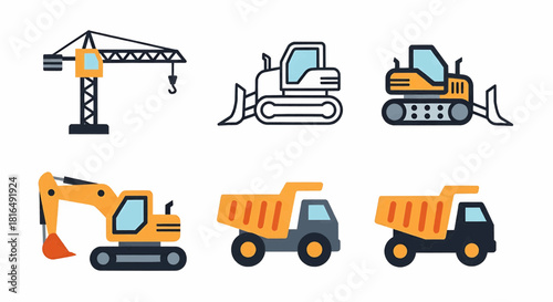 Excavators, Cranes, and Dump Trucks in Industrial Setting
