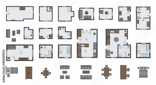 Comprehensive collection of interior design floor plans, overhead room layouts, and essential furniture elements for modern architectural projects and home decor concepts