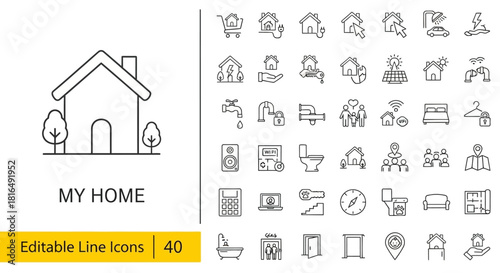 Collection of 40 Editable Line Icons for Home, Representing Various Aspects of Real Estate
