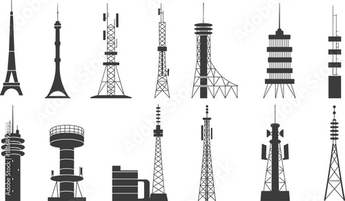 Telecommunication tower icons set, wireless network antenna collection, modern broadcast technology silhouettes, black and white vector infrastructure design