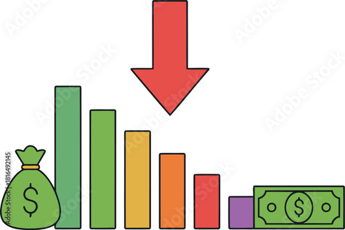 Recession showing falling economy and financial market crash with a red down arrow warning sign