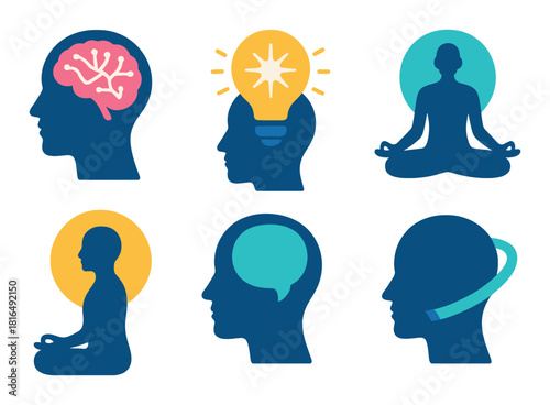 Human silhouettes with brain, lightbulb, and yoga poses representing mindfulness and innovation