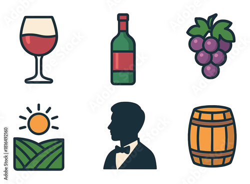 Wine icons set featuring glass, bottle, grapes, vineyard, male silhouette, and barrel