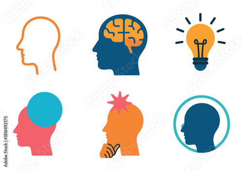 Abstract human head icons with light bulbs and brain on colorful gradient backgrounds