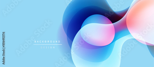 Abstract fluid shapes overlap, creating vibrant color gradients. Light blue background supports pink, purple, coral elements. Modern design.