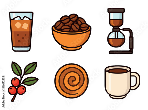 Coffee icon set: glass, beans, brewer, berries, spiral, cup
