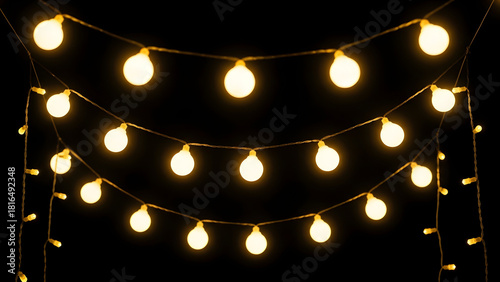 Christmas bulbs twinkle with gentle shine. Wreath light chain wraps celebration invite. Neon sparkle shapes warm visual mood. Transparent light arc highlights festive promo