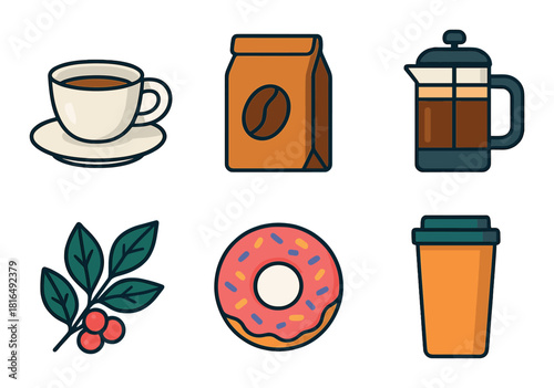 Coffee and breakfast items: cup, beans, french press, coffee plant, donut, to-go cup