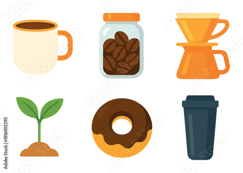 Colorful coffee icons with cup, beans, dripper, plant, donut, and tumbler design