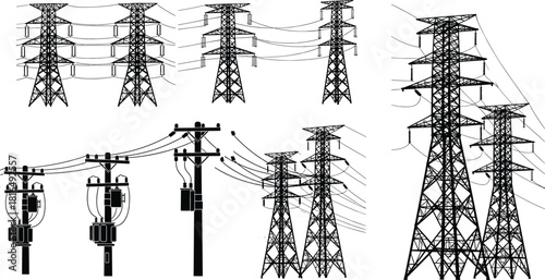 Set of high voltage transmission towers and utility poles silhouettes, power grid infrastructure, electricity distribution, industrial energy network, vector illustration