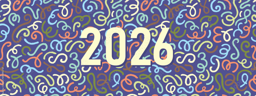 Naklejka premium Abstract seamless pattern of 2025 new year. Modern concept withcrayon squiggle lines. 2025 year banner .Modern pattern cute wavy, curvy and swirl lines with chalk texture