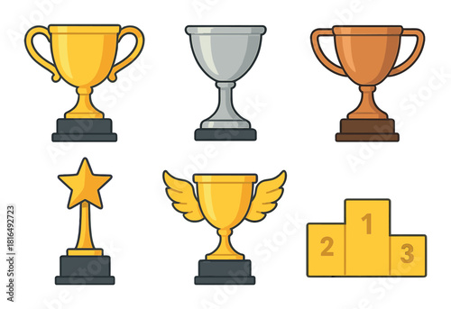 Six colorful trophies and podium depicting achievement and celebration