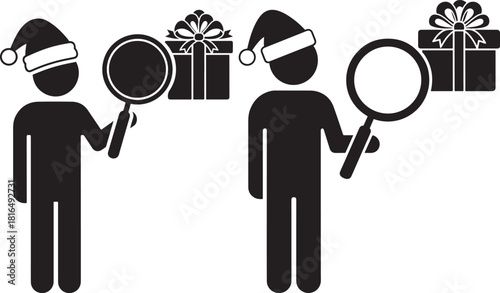Two figures in santa hats holding magnifying glasses near christmas gifts silhouette
