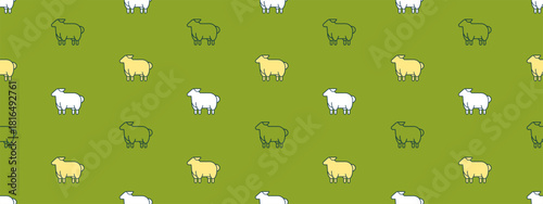 Seamless pattern with cute sheep on blue backdrop. Hand drawn summer background with lambs. Cartoon kid pattern with geometric sheep, vector illustration