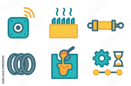 Abstract industrial icons: wireless sensor, heat dissipation, fluid transfer, rings, metal casting, automation