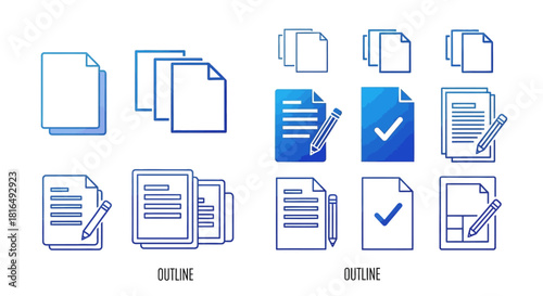 Document Icons Outline and Filled Styles for Paper and Checkmark, Perfect for Design