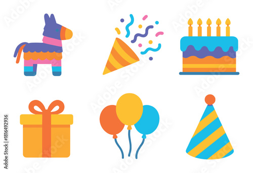 Colorful neon party icons: pinata, confetti, cake, gift, balloons, party hat